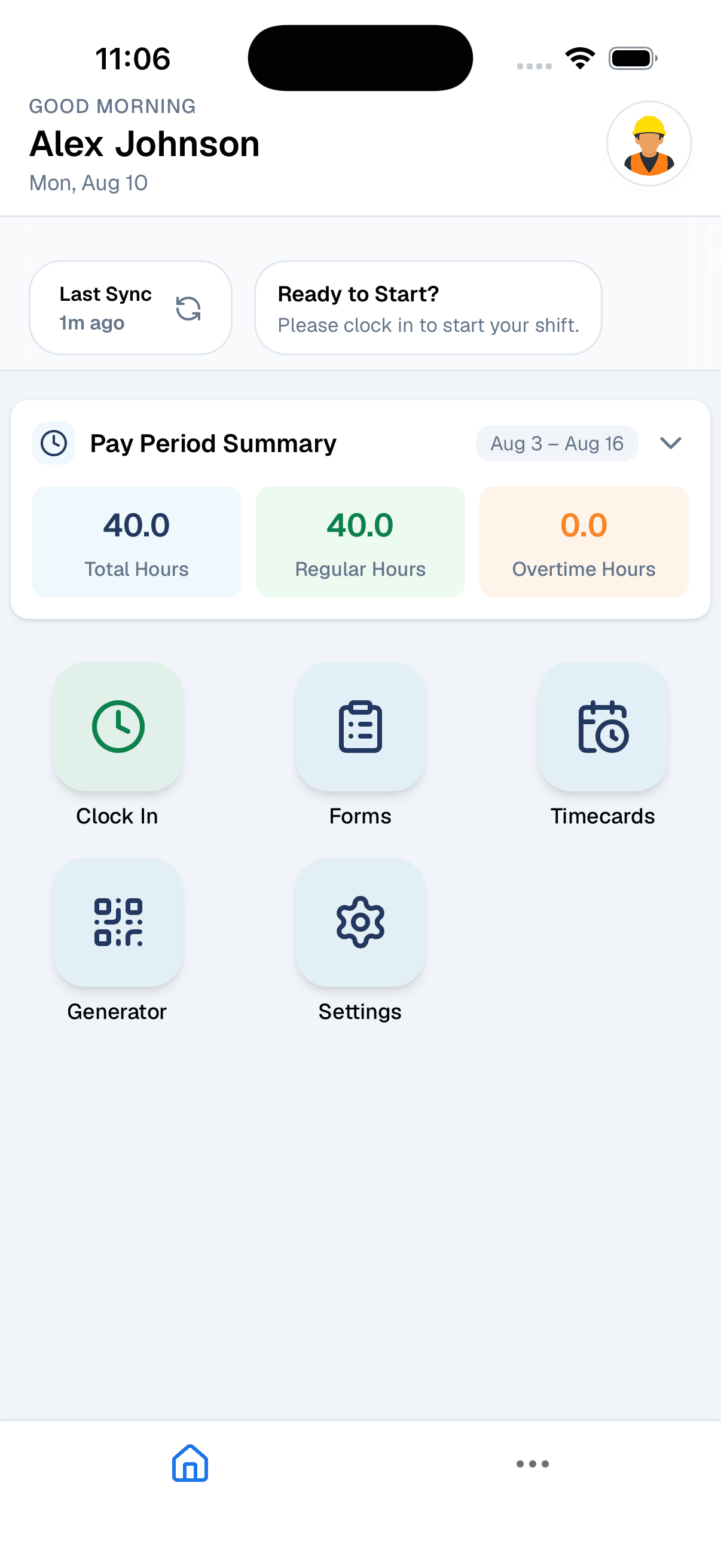 Shift Scan mobile app home screen showing the pay period summary and quick actions like Clock In, Forms, and Timecards
